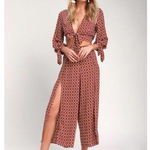 Rust Red Print Tie-Front Crop Top + Culotte Pants